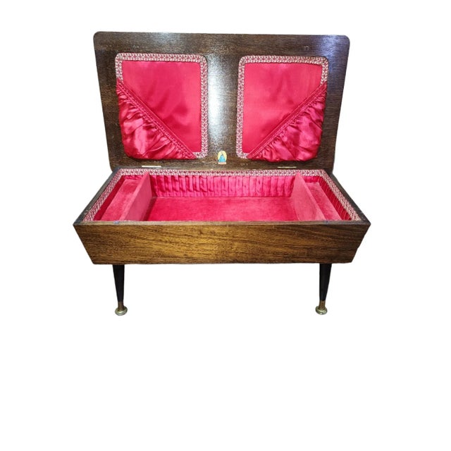 Circa 1940s-50s English oak sewing box by Morco, crushed red velvet and silk interior, original makers label to inside...