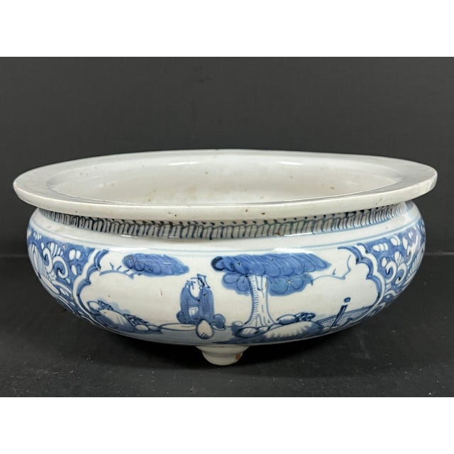 Blue Chinese Art Late 20th Century Porcelain Blue and White Incense Burner Floral and <ountain Scenery Design For Sale - Image 8 of 15