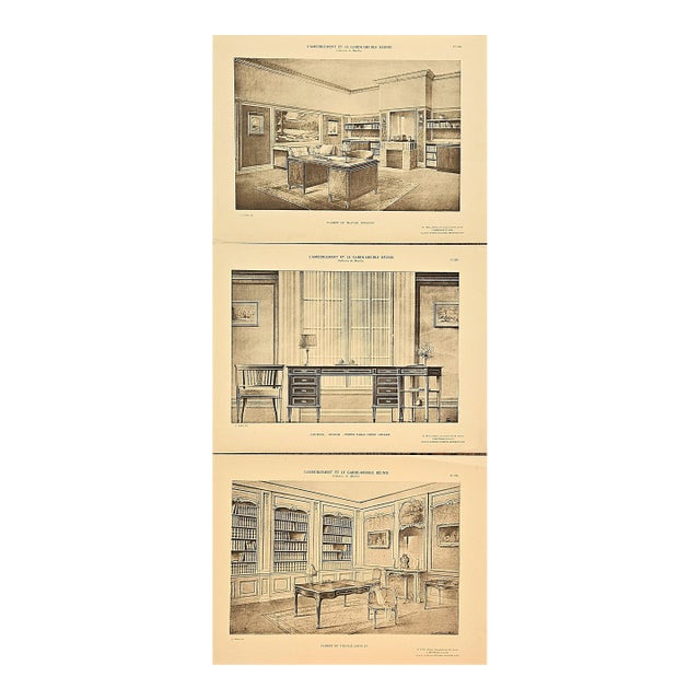 1920s- Set of 3- French Antique Art Deco Architectural Interior Lithographs-Home Office For Sale
