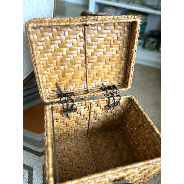 Vintage Woven Rattan Storage Box With Leather Closures | Lidded File Box, Custom Designer Fabric Lined Interior, Boho Coastal Decor For Sale - Image 9 of 12