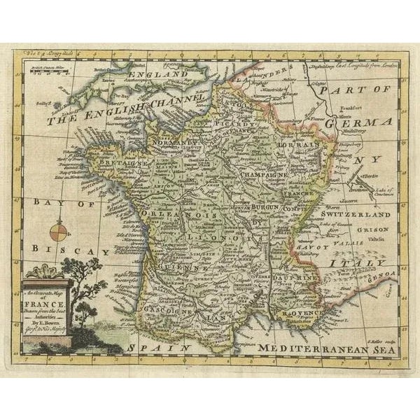 Small Antique Map of France with Decorative Title Cartouche, 1754 For Sale - Image 3 of 5