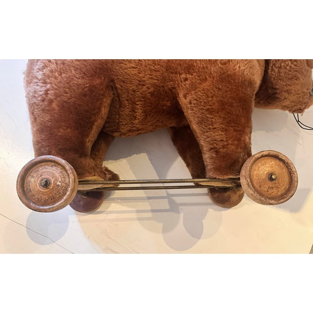 Wood Vintage Plush Bear Pull Toy on Wooden Wheels For Sale - Image 7 of 12