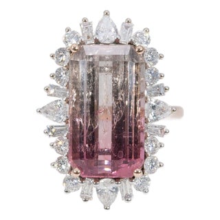 9.2Ct Bi-Color Tourmaline Ring With Lab Diamond Accents: Solid 14k Gold, 16x9mm, Size 6.75 For Sale
