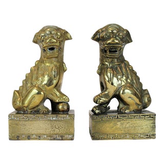 Brass Foo Dogs With Greek Key Trim For Sale