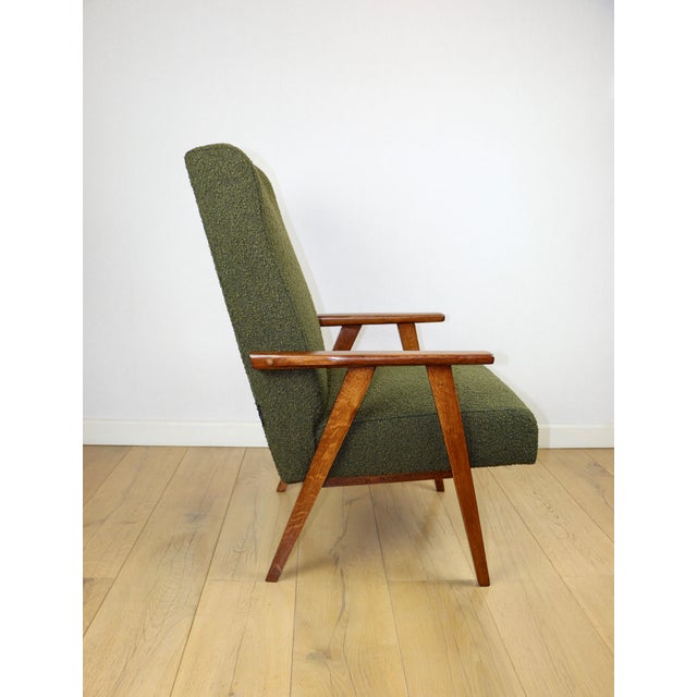Wood Vintage Lounge Chair in Green Olive Boucle, 1970s For Sale - Image 7 of 11
