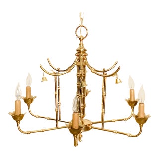 Vintage Brass Six Light Chinoiserie Chinese Asian Pagoda Chandelier For Sale