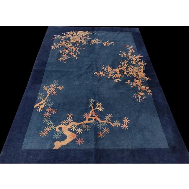 1925 Blue Multicolor Floral Antique Chinese Art Deco Rug 6'2"x8'10" Wool Carpet For Sale - Image 9 of 9