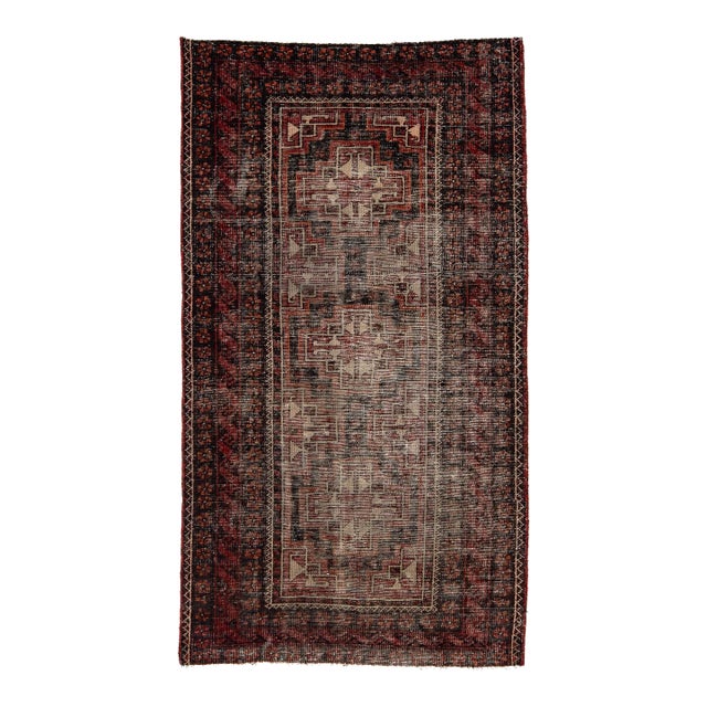 Antique Caucasian Geometric Area Rug – Hand-Knotted Low-Pile Wool Accent Rug With Distressed Patina For Sale