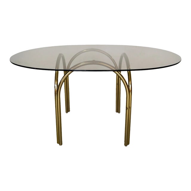 1980’s Art Deco Brass & Smoked Glass Dining Table For Sale