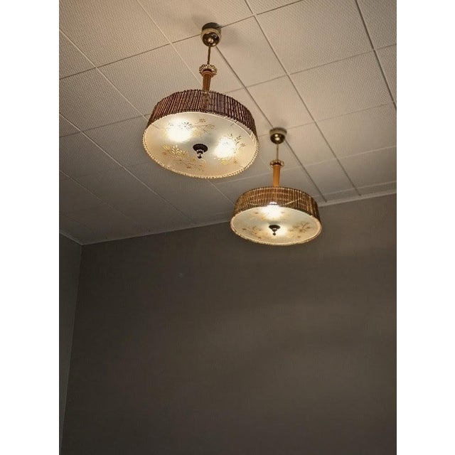 Wood Pendant Lights attributed to Paavo Tynell with Hand-Painted Glass Diffusers attributed to Kyllikki Salmenhaara for Taito Oy, Finland, 1940s, Set of 2 For Sale - Image 7 of 18