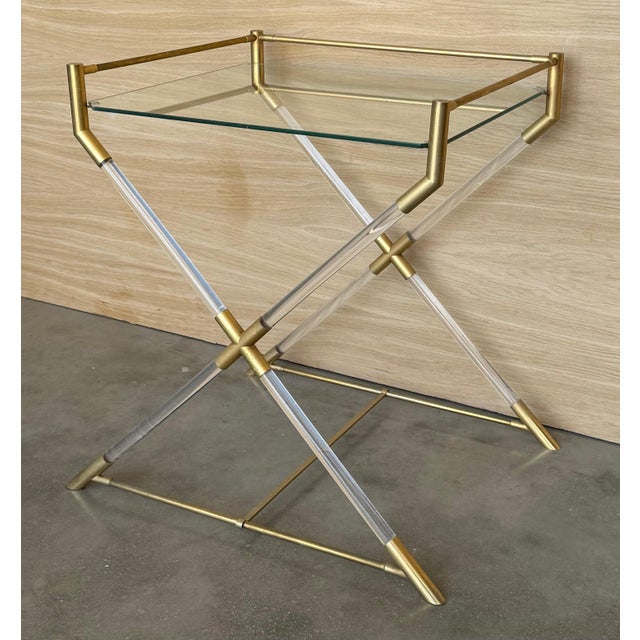 Mid Century Modern Serving or Side Table in Brass and Lucite with X Form For Sale - Image 11 of 18