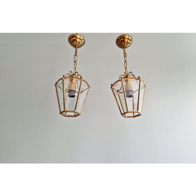 Mid-Century Modern Brass and Beveled Glass Pendant Lights, 1960s, Set of 2 For Sale - Image 3 of 15