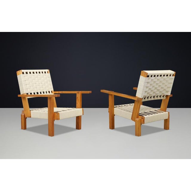 Italian Pine and Woven Cord Lounge Chairs, 1970s, Set of 2 For Sale - Image 3 of 17