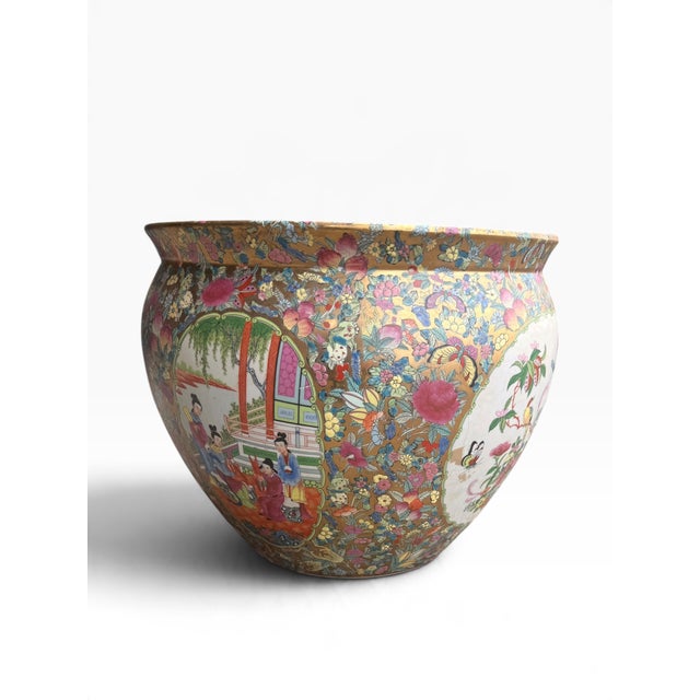 Gold Vintage Chinese Famille Rose Gilt Porcelain Fishbowl Planter With Floral and Bird Motifs For Sale - Image 8 of 14
