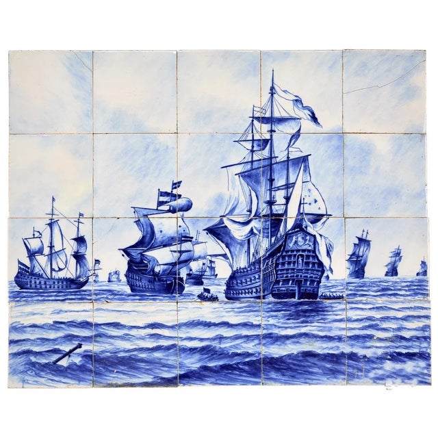 Ceramic Dutch Delft Tile Picture, Fleet of Ships, Blue & White, Framed For Sale - Image 7 of 9
