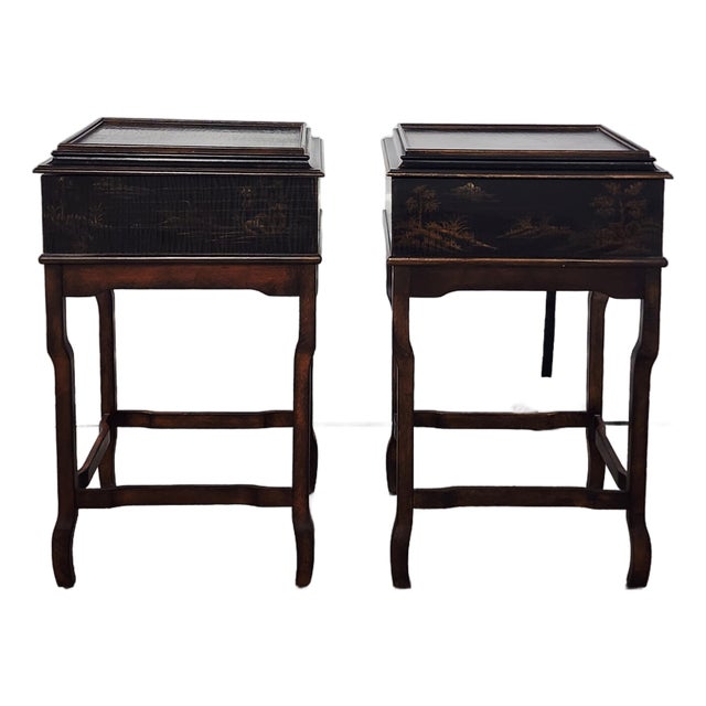 Ethan Allen Chinoiserie Style Lift Top Side Tables - A Pair For Sale