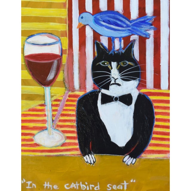 Outsider Art With Black and White Tuxedo Cat Bluebird & Glass of Wine ...