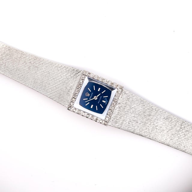 1970s 1970s Rolex Precision 2157 Ladies 18k White Gold Diamond Bezel Blue Dial Watch 1972 For Sale - Image 5 of 12