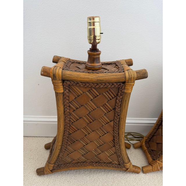Vintage Bamboo and Leather Strap Table Lamps - A Pair For Sale - Image 9 of 12