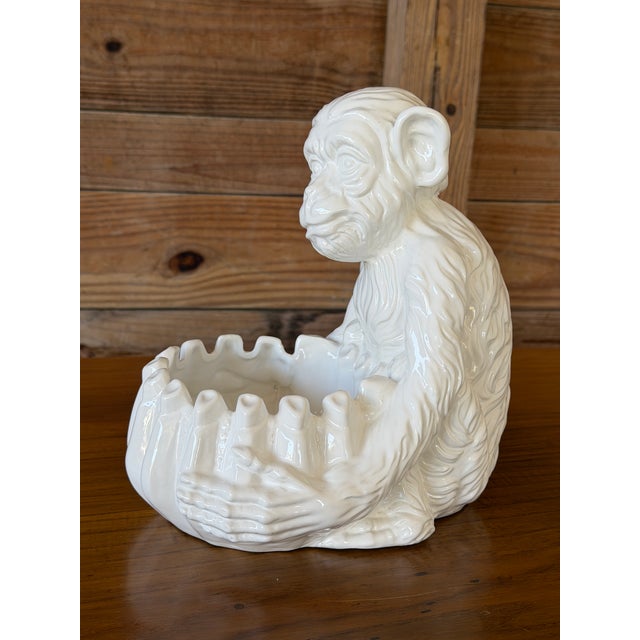 White Vintage Italian Regency White Glazed Monkey Sculptural Ceramic Cachepot For Sale - Image 8 of 12