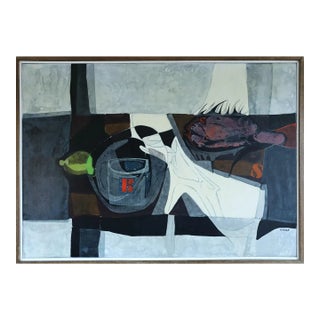 Mid-Century Modern 'Lemon & Fish' Vintage Swedish Still Life Oil Painting, Framed For Sale