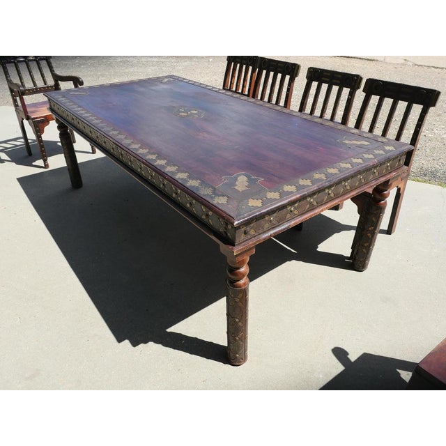 Anglo-Indian Raj Table and Chairs with Metal Decor, 1920s, Set of 11 For Sale - Image 6 of 11