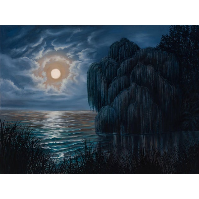 Hecate's Moon by Robin Hextrum | Oil on linen Night landscape with a full moon over water and trees. For Sale