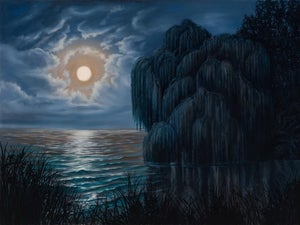 Hecate's Moon by Robin Hextrum | Oil on linen Night landscape with a full moon over water and trees.