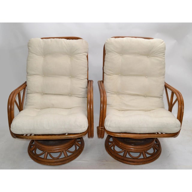 Vintage Bamboo & Wicker High Back Lounge Chair Beige Linen Upholstery - Pair For Sale - Image 13 of 13