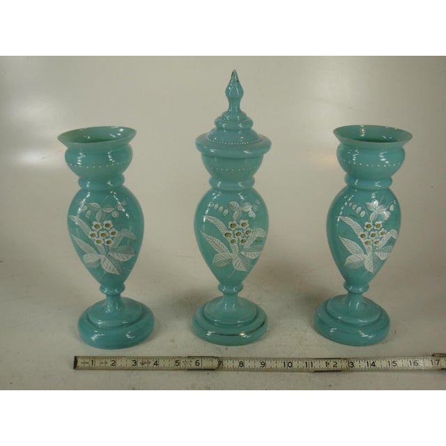 Mid 19th Century Vases Victorian Mantel 3-Pc. Set Bristol Glass Blue Opalescent Hand-Painted Floral Enamel For Sale - Image 10 of 12
