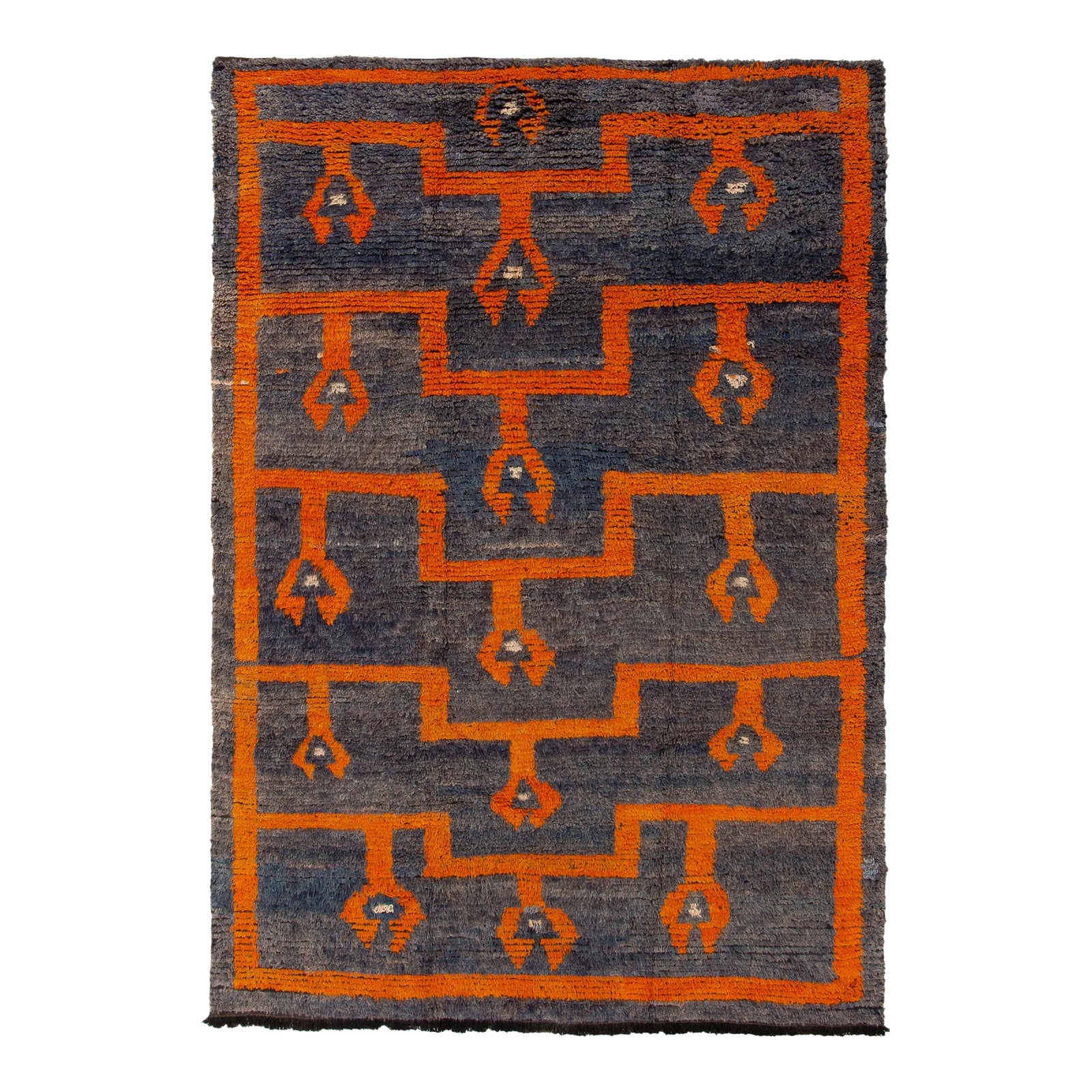 Vintage Tulu Rug in Gray-Blue, Orange Geometric Pattern | Chairish
