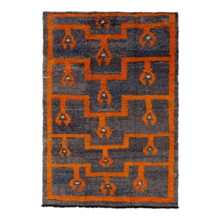 Vintage Tulu Rug in Gray-Blue, Orange Geometric Pattern For Sale