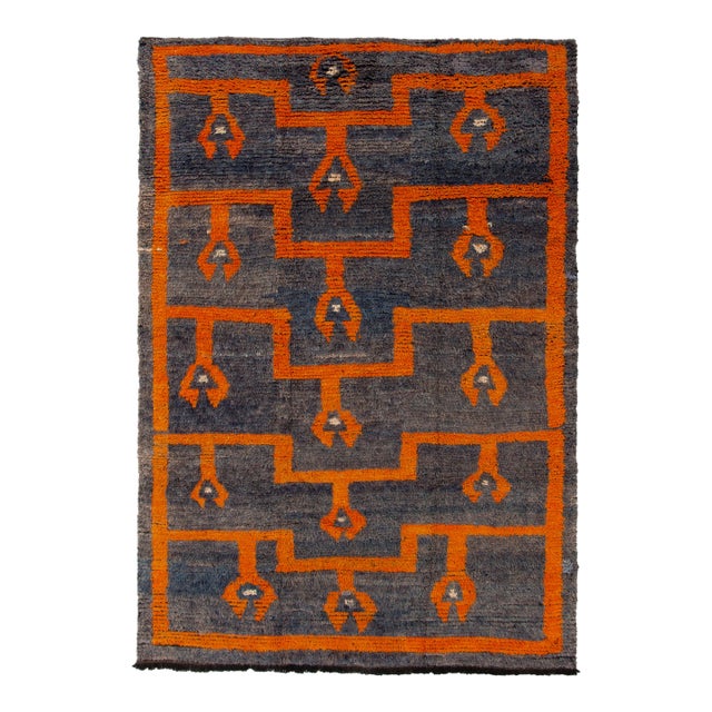 Vintage Tulu Rug in Gray-Blue, Orange Geometric Pattern For Sale