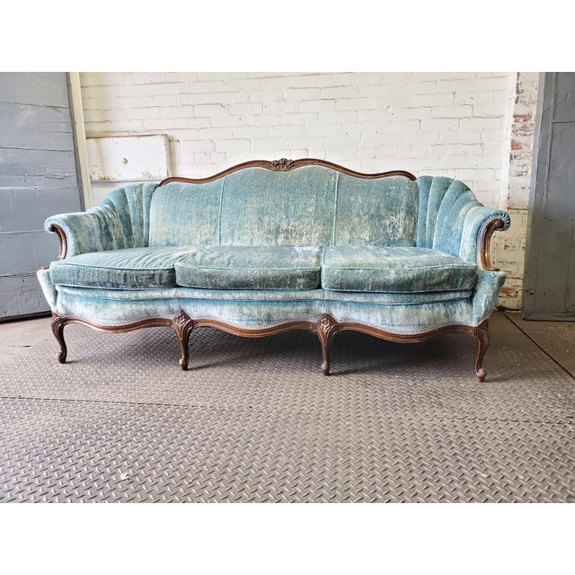 Victorian Antique Carved Wood Blue Velvet Sofa | Chairish