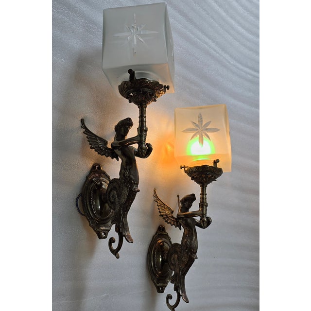 Art Deco Vintage Art Nouveau Deco Light Old Lamp Mermaid Wall Sconces Fixture Brass & Star Glass Shade Light Lamp - a Pair For Sale - Image 3 of 3