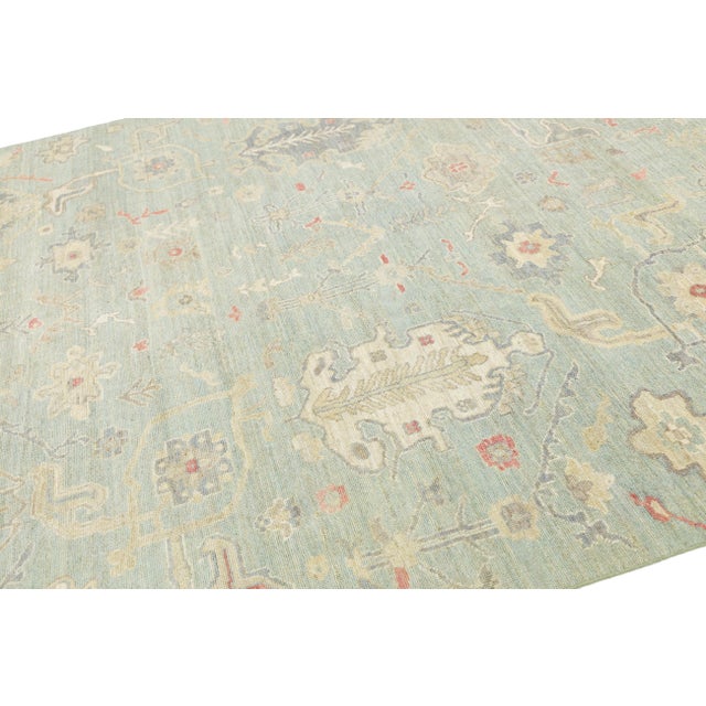 8x10 Modern Sage Green Oushak Style Hand-Knotted Wool Area Rug - Pastel Floral For Sale - Image 11 of 11