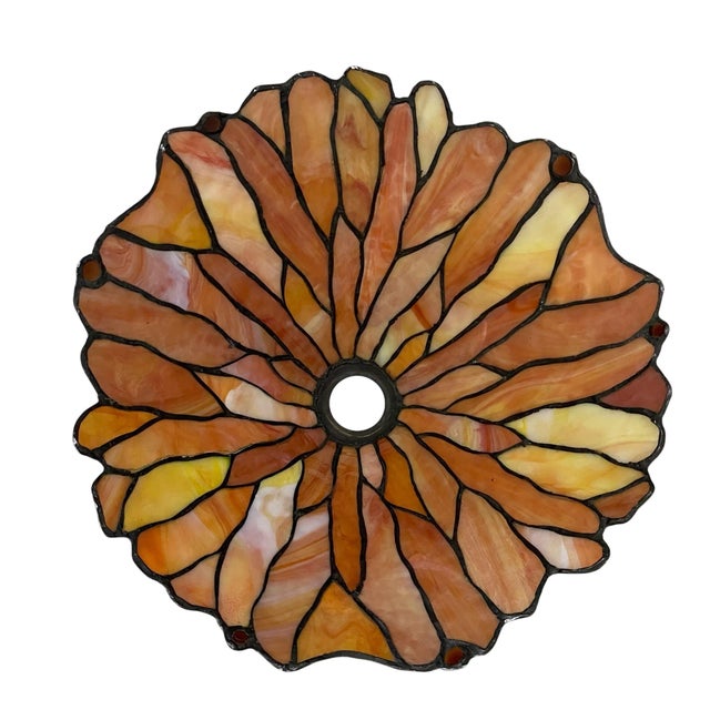 Vintage Tiffany-Style Stained Glass Lamp Shade, Orange, Amber, Goldenrod For Sale In San Francisco - Image 6 of 7