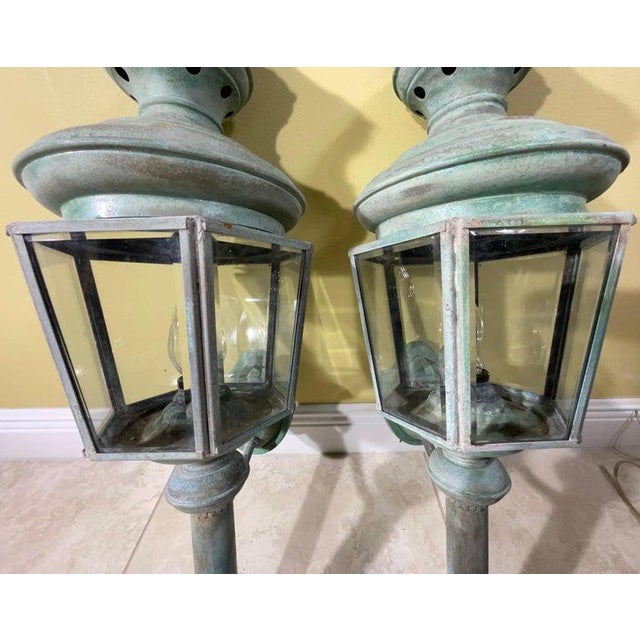 Magnificent Pair of Vintage Solid Brass Eagle-Topped Wall Lanterns For Sale In Miami - Image 6 of 17