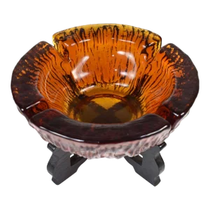Mid 20th Century Amber Heavy Glass Ashtray With Textured Design on Wooden Base