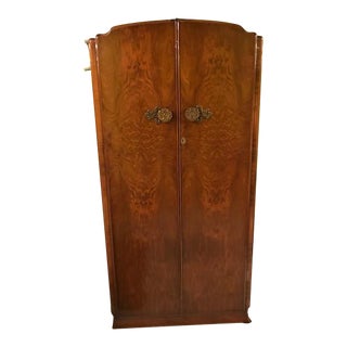 Art Deco Walnut Armoire With Decorative Brass Knobs For Sale
