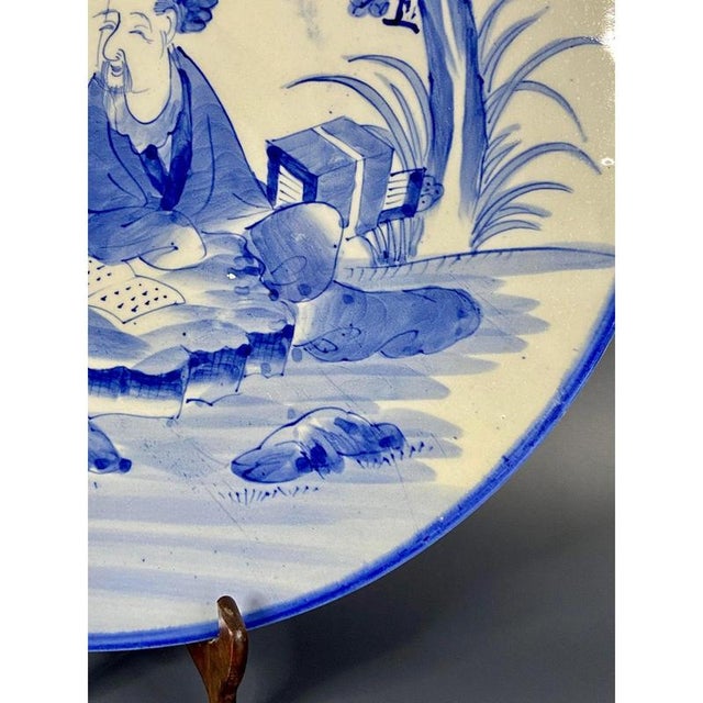 Large Japanese Hand-Painted Blue and White Dish, 19th Century For Sale - Image 5 of 12