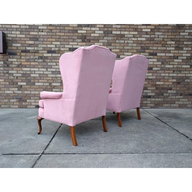 Vintage Queen Anne Pink Velvet Wingback Chairs by Sam Moore Furniture