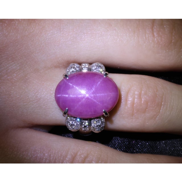 Late 20th Century Rare 21.42ct Natural Pink Star Sapphire & 0.32ct Diamond Platinum Ring, Size 8.5 For Sale - Image 11 of 18