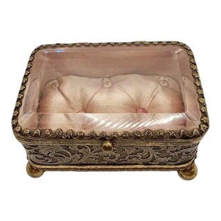 Antique French Ormolu Glass Jewelry Box With Original Tufted Coral Silk Interior For Sale