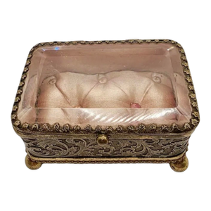 Antique French Ormolu Glass Jewelry Box With Original Tufted Coral Silk Interior