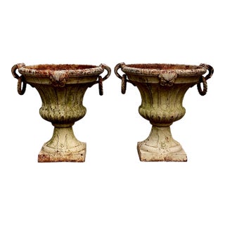 Pair 19th Century White Painted Cast Iron Garden Urns With Ring Handles and Masks For Sale