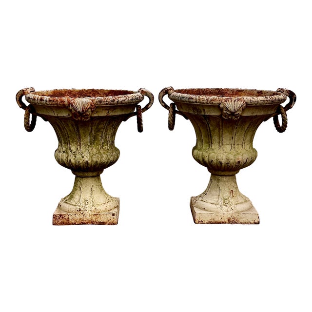 Pair 19th Century White Painted Cast Iron Garden Urns With Ring Handles and Masks For Sale