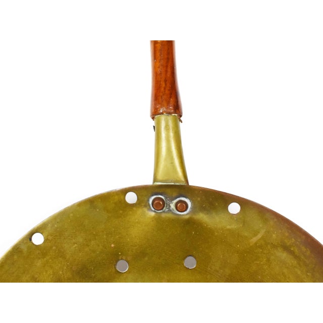 Vintage Mid 20th Century Large Gold Brass Round Skimmer With Wooden Handle For Sale - Image 4 of 6