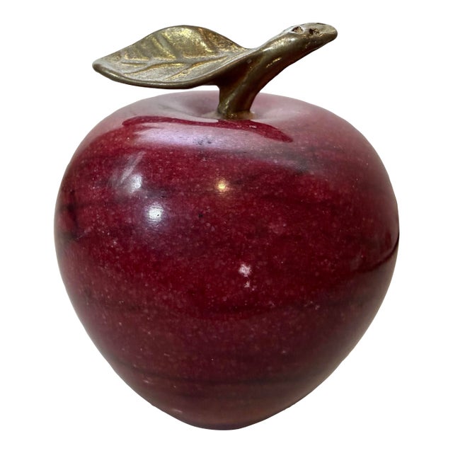 1960s Solid Red Marble Alabaster Apple Paperweight Decor With Brass Stem For Sale