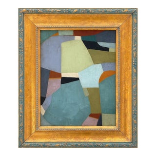 Contemporary Teal Blue Abstract Oil Painting in Vintage Gold Frame For Sale